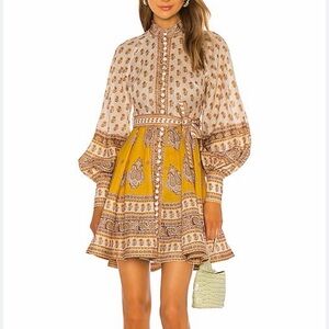 Zimmermann Mustard and Cream Paisley Tie-Waist Mini Dress